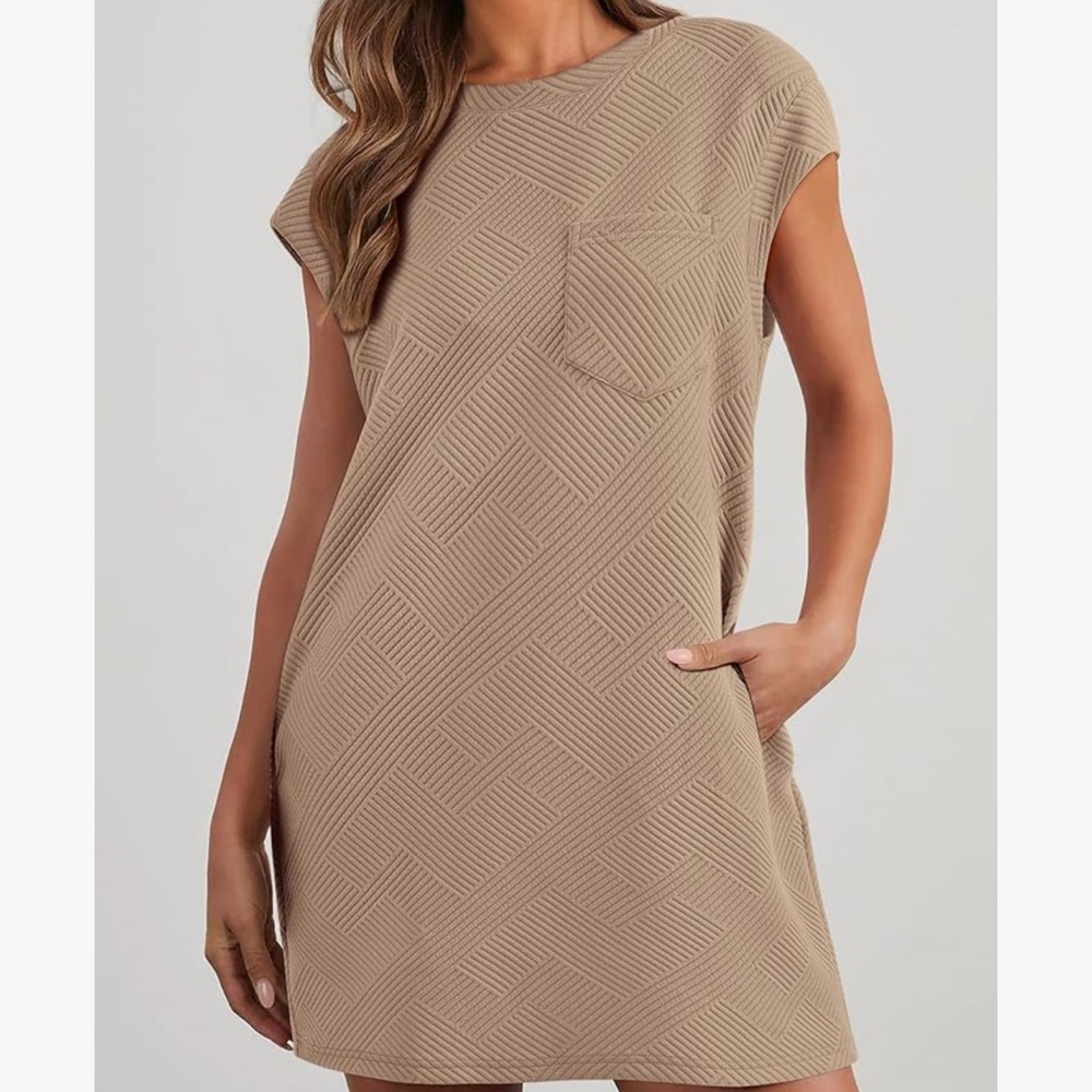 Tan Textured Short Sleeve Dress